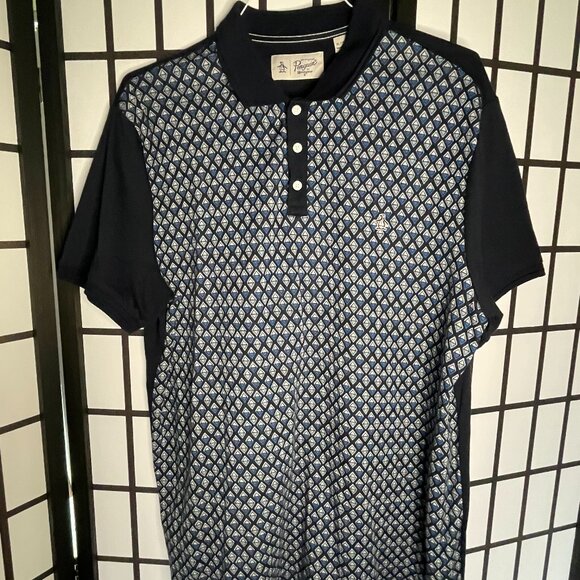 Original Penguin Diamond Jacquard Polo XL size dark blue with diamond patterns. - Picture 1 of 5